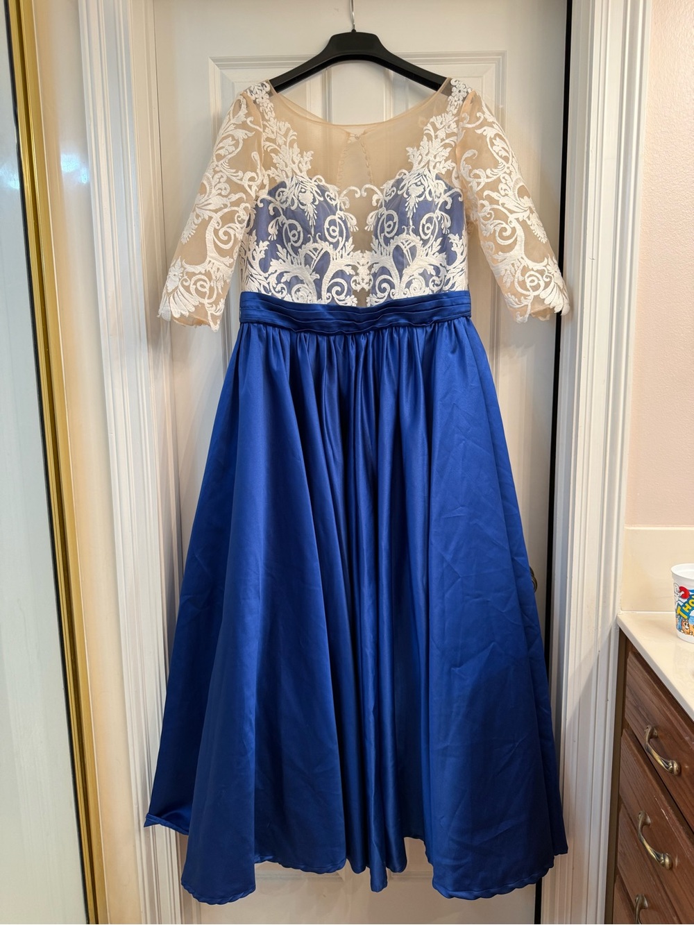 JJs House Royal Blue Satin Skirt with Ivory Lace Bodice Dress